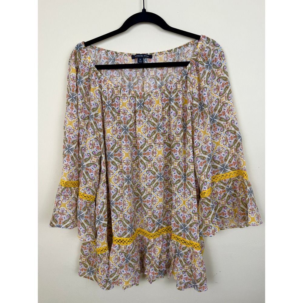 Yellow Paisley 3X Tunic Top Crochet Trim Bell Sleeve Boho